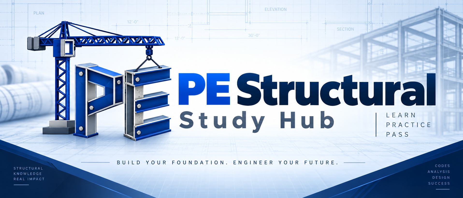 PE Structural Study Hub banner showing a crane lifting steel PE letters on an engineering blueprint background